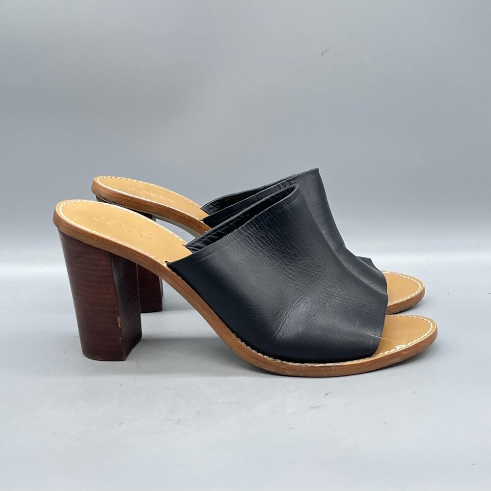 J Crew Shoes Womens 10.5 Black Leather Block Heel Open Toe Mules Slip On